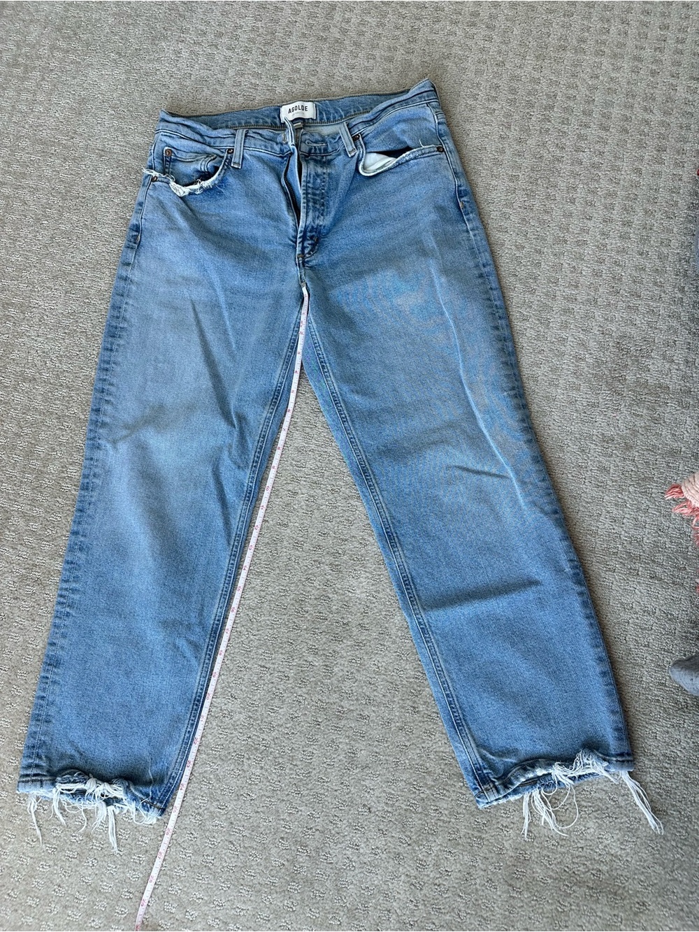 Agolde Light Blue Straight Leg Jeans with Frayed Hem